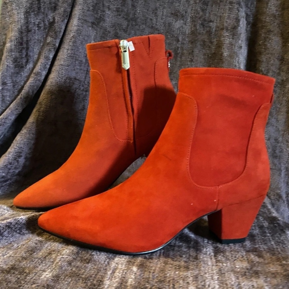 Sam Edelman Karlee Ankle Boots 6M Red Suede Pointed Toe Side Zip Block Heel